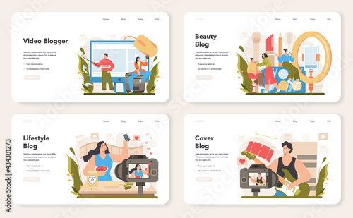 Video blogger web banner or landing page set. Sharing video content
