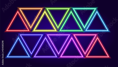 vector set of neon colored triangles. Isolated elements in the form of neon triangular frames multicolored glowing lines on a dark background for a design template. color spectrum triangular neon