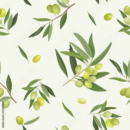 Vector illustration of olive branches seamless pattern. Packaging, wrapper or fabric with olive ornament on a light background