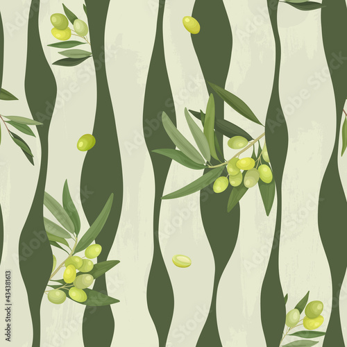 Vector illustration of a vertical winding lines seamless pattern and olive branches and fruits. Packaging, wrapper or fabric with olive ornament geometry