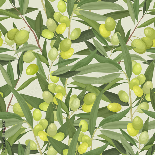 Vector illustration of a seamless pattern of dense thickets of olive branches. Packaging, wrapper or fabric with olive ornament on a light background