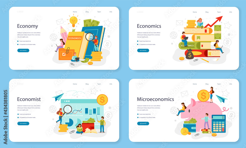 Economy school subject web banner or landing page set. Student studying
