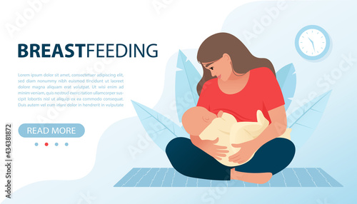 Breastfeeding concept, mother feeding a baby with breast. Vector illustration in flat style, template for banner, landing page