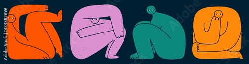 Set of various strange creatures or people or persons with long arms and small heads. Cute disproportionate isolated characters inscribed in cramped room. Hand drawn Vector illustration