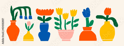 Abstract plants. Simple Various domestic Flowers in pots. Hand drawn colored Vector Set. Floral design, Naive art, Infantile Style Art. Colorful trendy illustration. All elements are isolated
