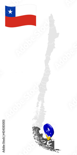 Location of  Magallanes Region on map Chile. 3d location sign similar to the flag of Magallanes. Quality map  with  provinces of  Chile for your design. EPS10