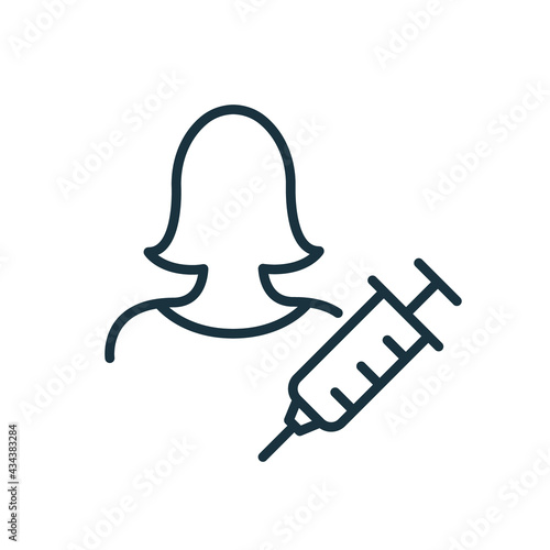 Vaccine Injection for Women. Syringe and Woman line icon. Coronavirus vaccination for girl. Editable Stroke. Vector illustration
