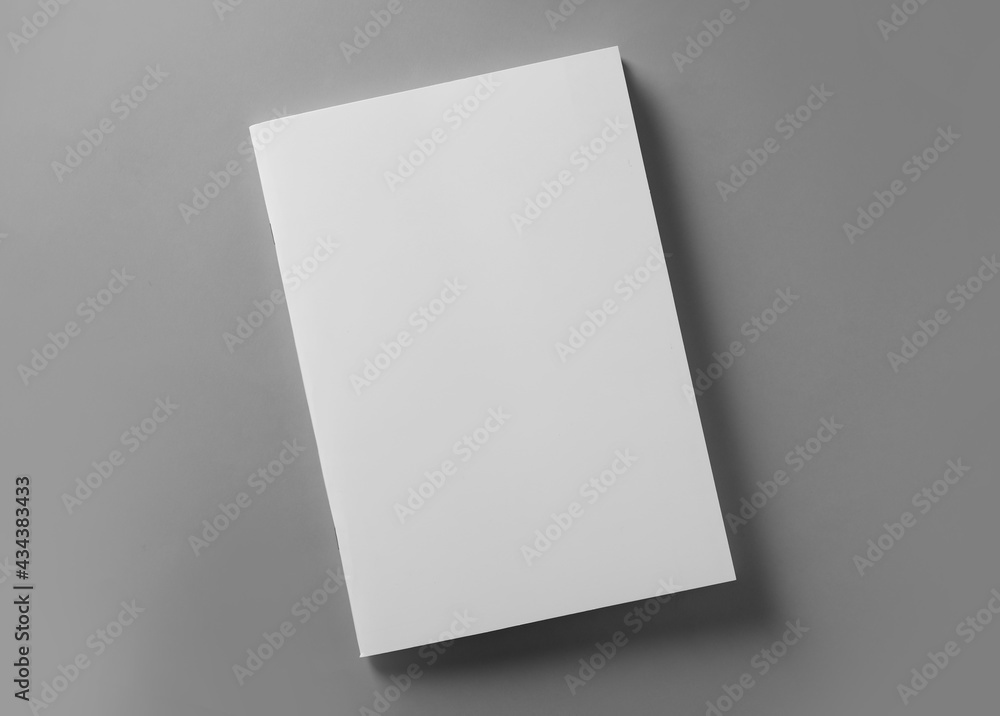 Brochure with blank cover on light grey background, top view Brochure with blank cover on light grey background, top view
