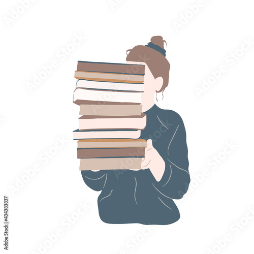 Absract Girl holds a lot of books. Student holds books. Trendy paper art poster with abstract women on white background for lifestyle design.	