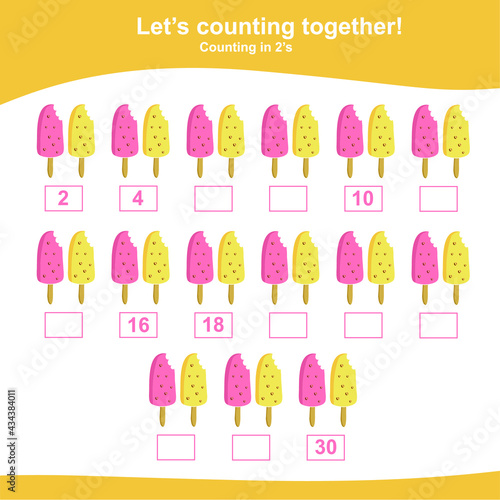 Counting the ice cream game for Preschool Children. This worksheet is suitable for educating early age children to count multiples of two. Educational printable math worksheet. Additional puzzles