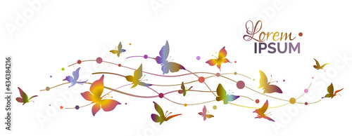 Colored butterfly wave. Decorative flock of colorful butterflies. Logo design template.