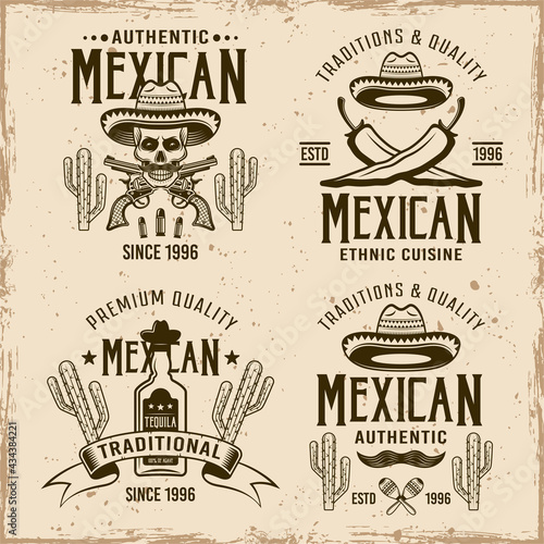 Mexican style set of four vector emblems, labels, badges or logos in vintage style on dirty background with stains and grunge textures