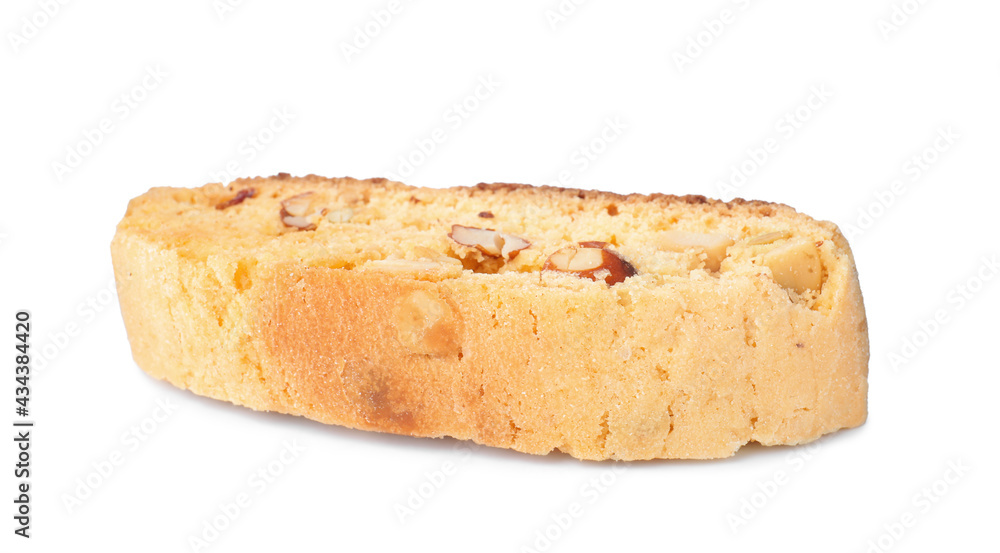 Slice of tasty cantucci with pistachio isolated on white. Traditional Italian almond biscuits