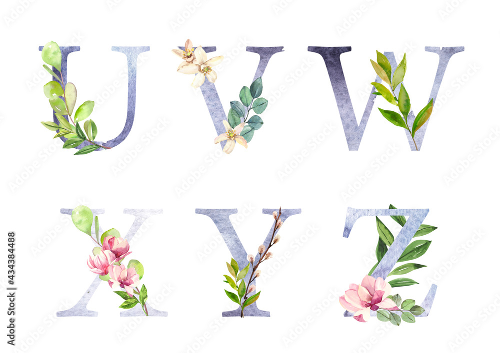 Hand painted watercolor floral alphabet, letters with flowers and leaf ...