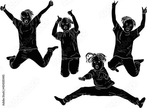 four jumping people silhouettes isolated on white