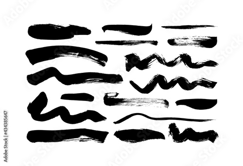 Black paint wavy and straight brush strokes vector collection. Dirty curved lines and wavy brushstrokes. Ink illustration isolated on white background. Modern grunge brush lines. Calligraphy smears.