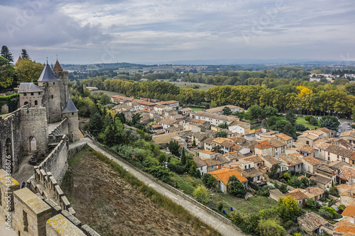 Top view of medieval city of Carcassonne. Carcassonne, Aude Department, region of Occitanie, France.