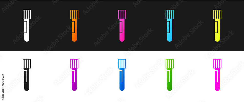 Set Test tube and flask chemical laboratory test icon isolated on black and white background. Laboratory glassware sign. Vector Set Test tube and flask chemical laboratory test icon isolated on black and white background. Laboratory glassware sign. Vector