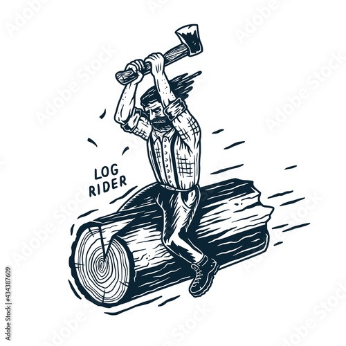 Lumberjack, woodcutter of carpenter or axeman. Woodworker and logger with axe in hand. Monochrome t-shirt print