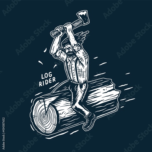 Lumberjack, woodcutter of carpenter or axeman. Woodworker and logger with axe in hand. Monochrome t-shirt print
