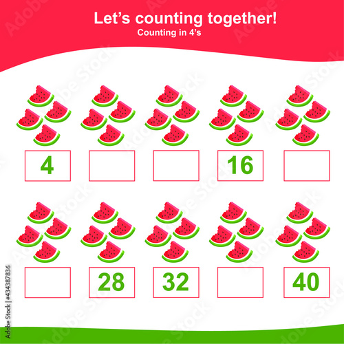 Counting the watermelon game for Preschool Children. This worksheet is suitable for educating early age children to count multiples of four. Educational printable math worksheet. Additional worksheet.