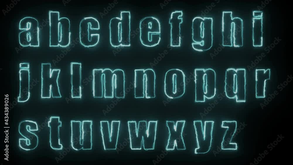 Dynamic glow effects of the contours of the lowercase letters of the English alphabet on a black background. Neon design elements. Looped Dynamic glow effects of the contours of the lowercase letters of the English alphabet on a black background. Neon design elements. Looped