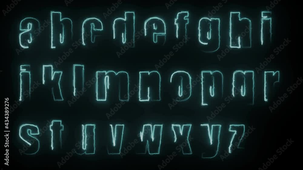 Dynamic glow effects of the contours of the lowercase letters of the English alphabet on a black background. Neon design elements. Looped Dynamic glow effects of the contours of the lowercase letters of the English alphabet on a black background. Neon design elements. Looped