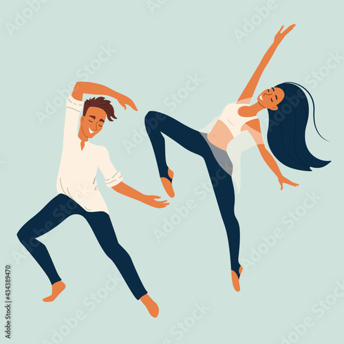 Two young dancers guy and girl, vector dancing characters in flat style, set of dancers.