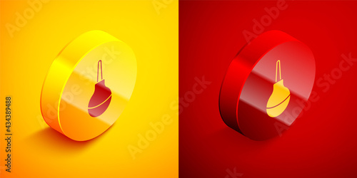 Isometric Enema icon isolated on orange and red background. Enema with a plastic tip. Medical pear. Circle button. Vector