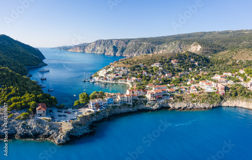 Fototapeta Naklejka Na Ścianę i Meble -  Assos in island of Cefalonia, Ionian, Greece. Aerial drone photo of beautiful and picturesque colorful traditional fishig village