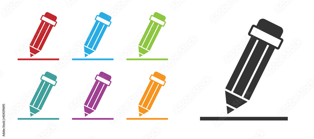 Black Pencil with eraser icon isolated on white background. Drawing and educational tools. School office symbol. Set icons colorful. Vector Black Pencil with eraser icon isolated on white background. Drawing and educational tools. School office symbol. Set icons colorful. Vector