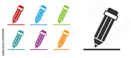 Black Pencil with eraser icon isolated on white background. Drawing and educational tools. School office symbol. Set icons colorful. Vector