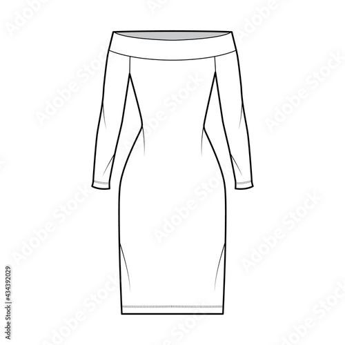 Dress off-the-shoulder Bardot technical fashion illustration with long sleeves, fitted body, knee length pencil skirt. Flat apparel front, white color style. Women, men unisex CAD mockup