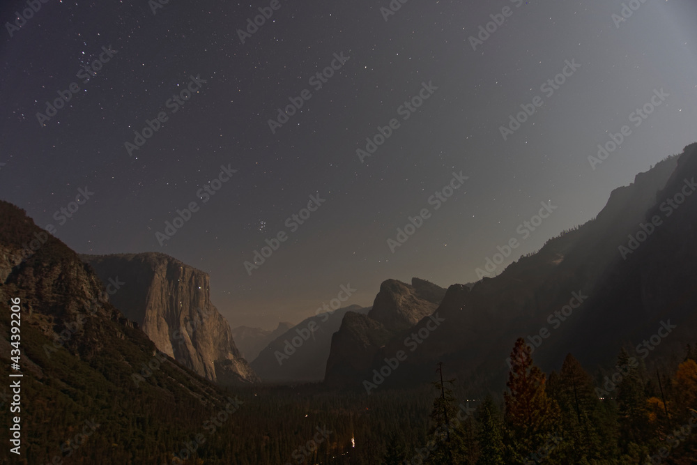 Yosemite Valley in moon light, CA, USA