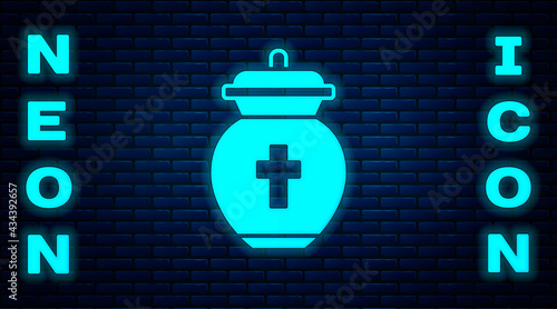 Glowing neon Funeral urn icon isolated on brick wall background. Cremation and burial containers, columbarium vases, jars and pots with ashes. Vector