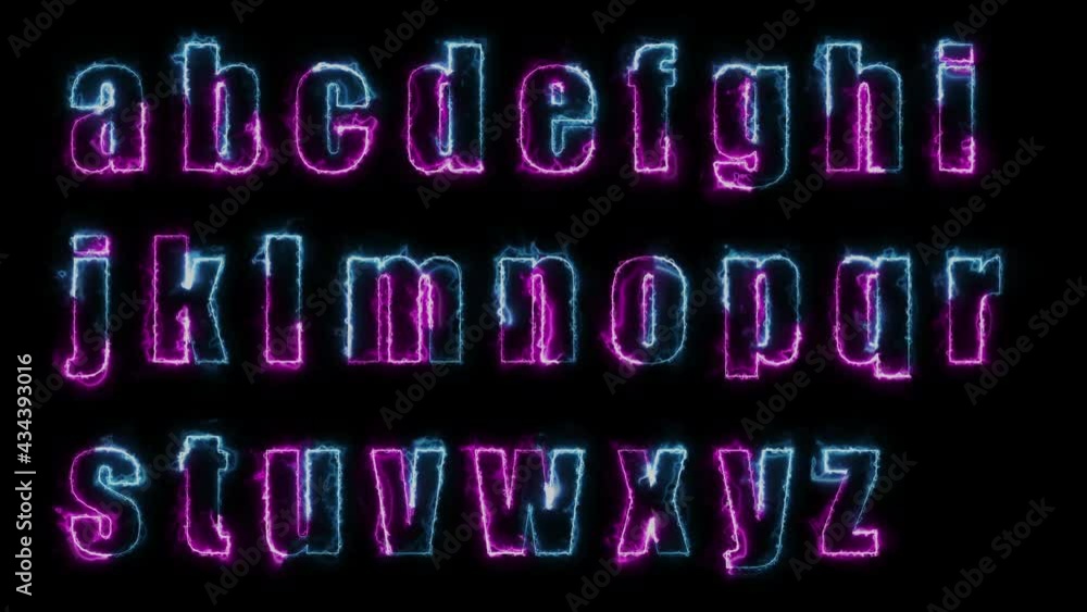 Dynamic glow effects of the contours of the lowercase letters of the English alphabet on a black background. Neon design elements. Looped Dynamic glow effects of the contours of the lowercase letters of the English alphabet on a black background. Neon design elements. Looped