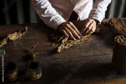 Photography Hands of a woman rolling a cuban cigar in a beautfiul ambient
