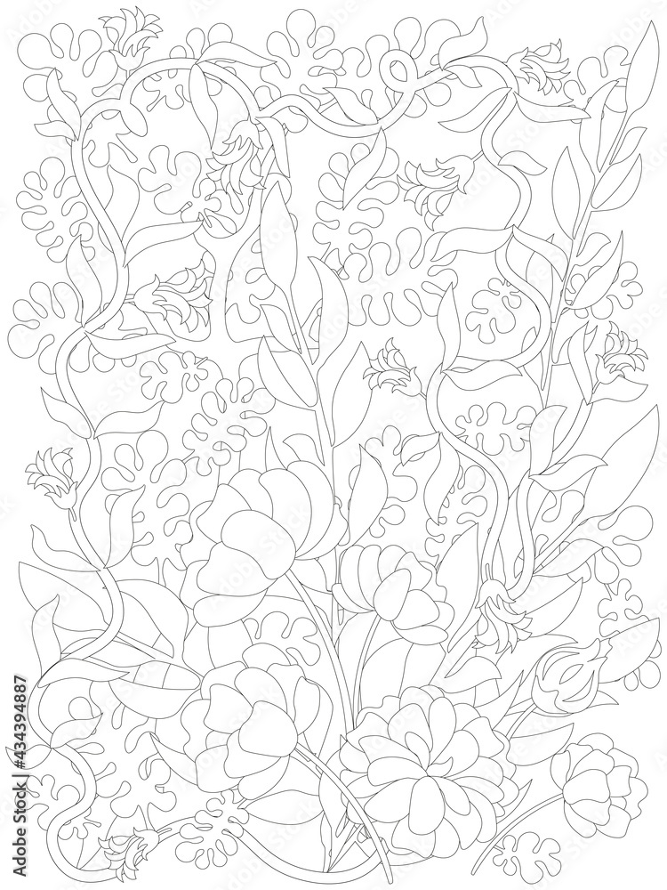 Adult Coloring Page. Botanical Weave Floral mix. Flowers coloring