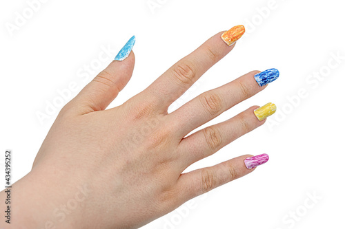 girls hand with DIY manicure on white background