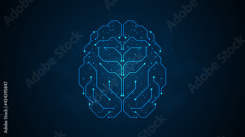 Abstract brain form electronic circuits lines pattern. Point connecting network on blue background