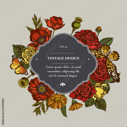 Badge over design with poppy flower, calendula, african giant swallowtail, plain tiger, roses photo