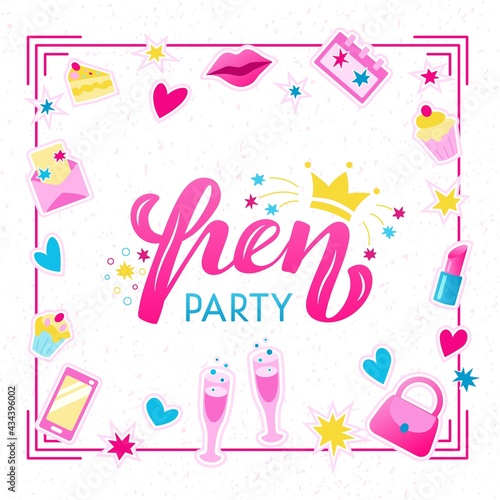 Hand drawn vector illustration with color lettering on textured background Hen Party for announce, banner, card, social media, invitation, celebration, advertising, poster, decoration, print, template