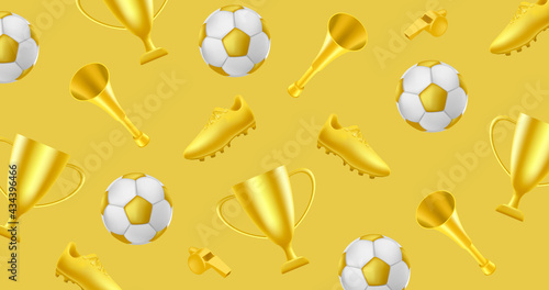 Golden soccer or football pattern with golden boot, horn and trophy cup and ball and whistle, best tournament award and fan attributes