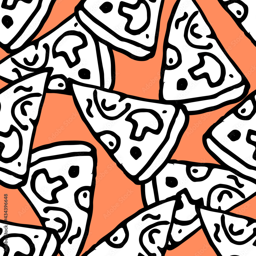 vector pattern of a triangular slice of pizza on a reddish orange background. A seamless pattern of a slice of pizza with mushrooms drawn by hand in a doodle style with a black outline, often placed o