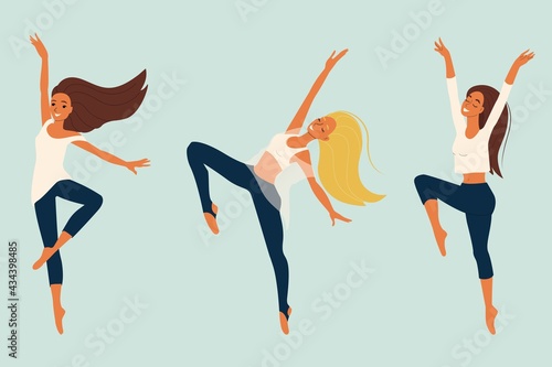 Young girl dancing modern dance, dancer in graceful pose, set of female characters in cartoon style, vector illustration, isolate.