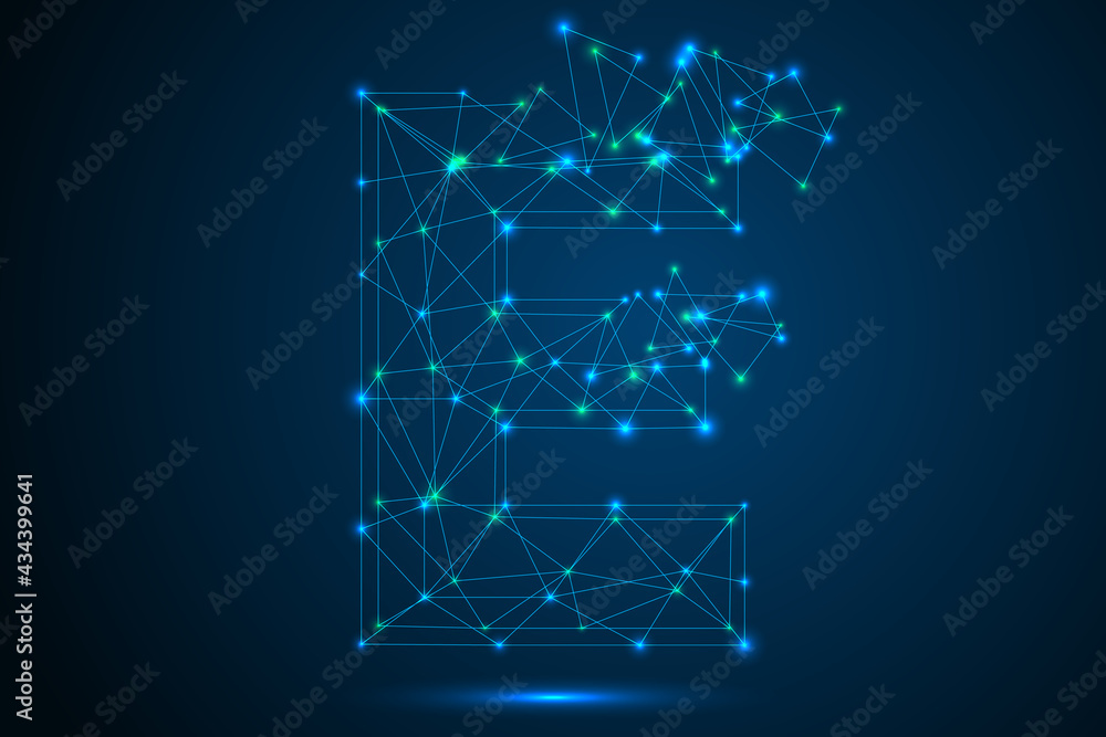 The destruction of the abstract font of  letters consists 3d of triangles, lines, dots and connections. On a dark blue background cosmic universe stars, meteorites, galaxies. Vector eps 10.