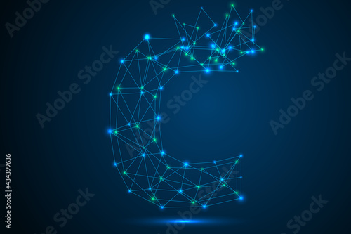The destruction of the abstract font of  letters consists 3d of triangles, lines, dots and connections. On a dark blue background cosmic universe stars, meteorites, galaxies. Vector eps 10.
