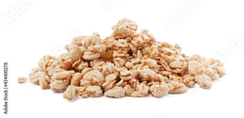 Pile of granola on white background. Healthy snack