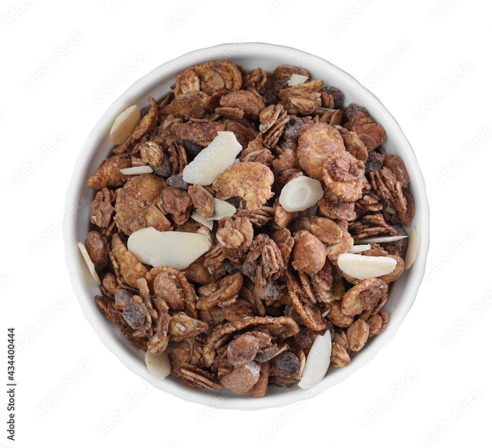 Granola in bowl on white background, top view. Healthy snack Granola in bowl on white background, top view. Healthy snack