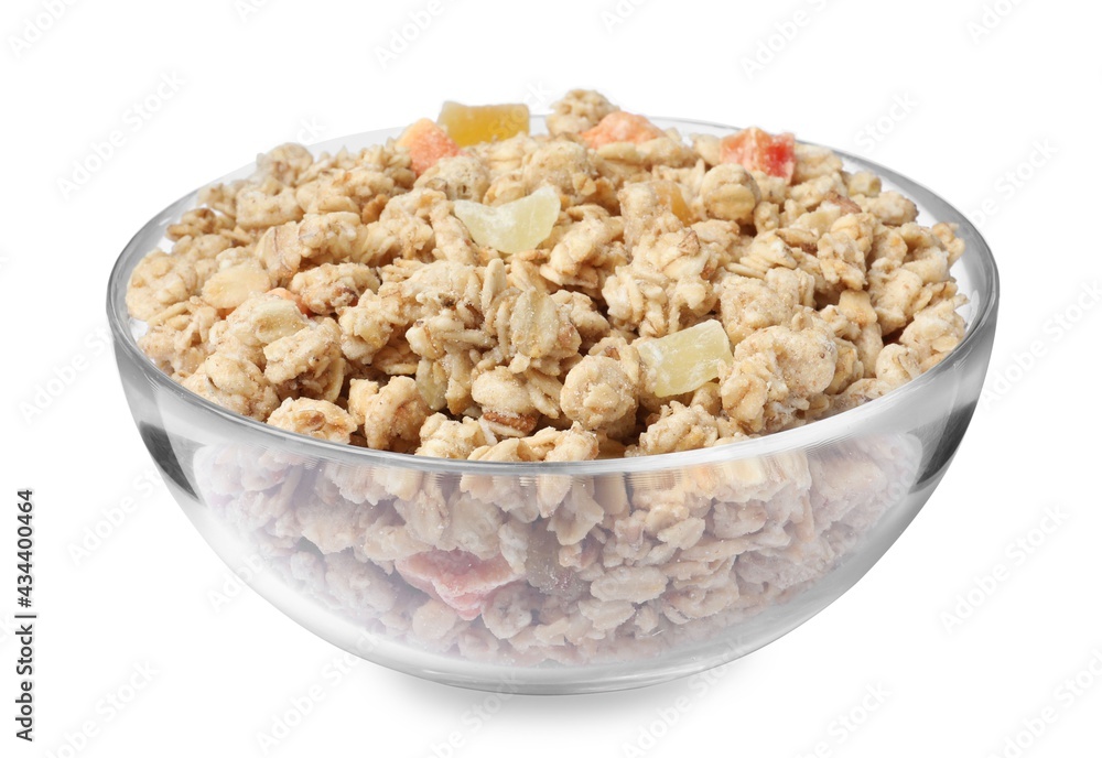 Granola in bowl on white background. Healthy snack Granola in bowl on white background. Healthy snack